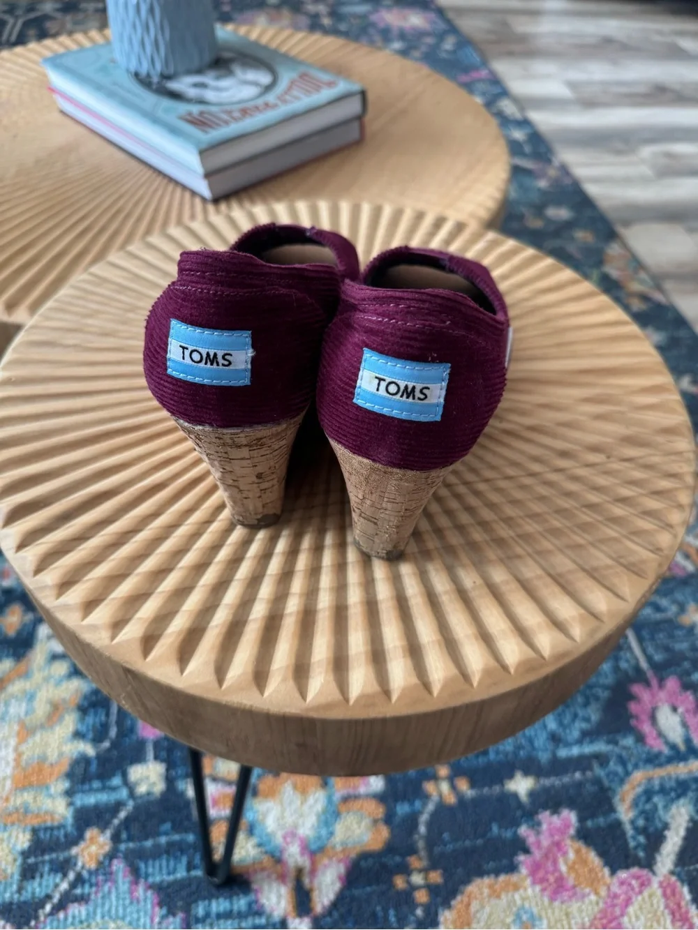 TOMS burgundy corduroy peep-toe wedge sandals with a cork-wrapped platform 8.5